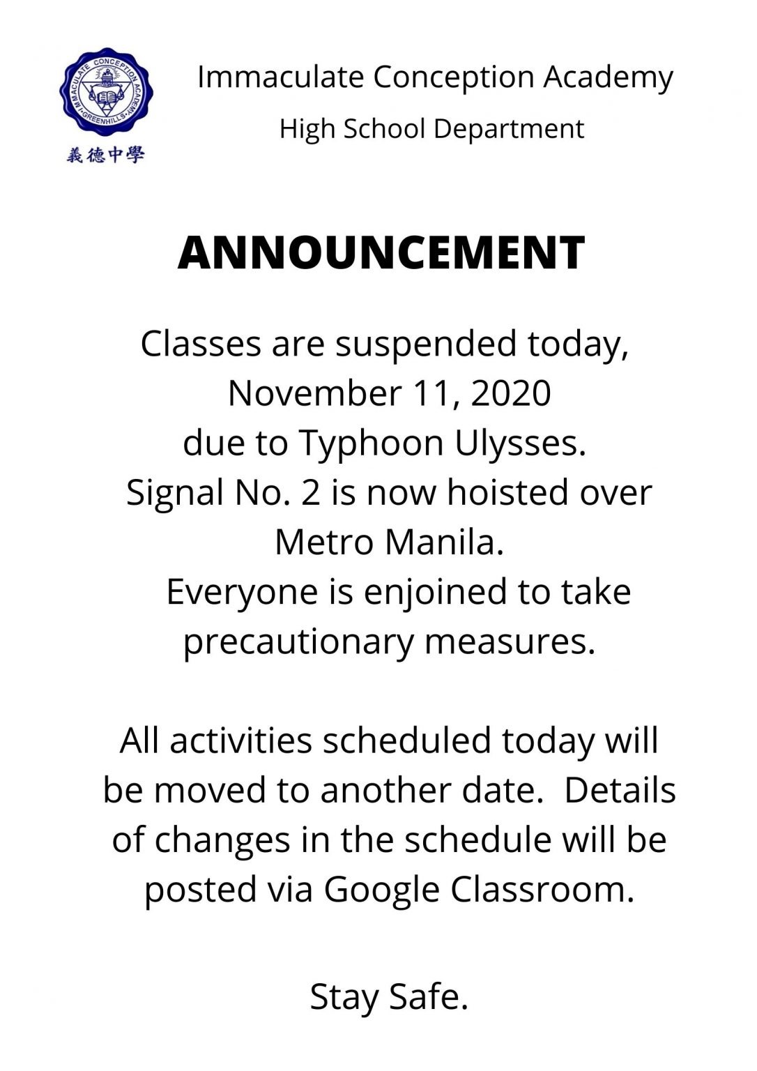 High School Advisory Class Suspension Immaculate Conception Academy