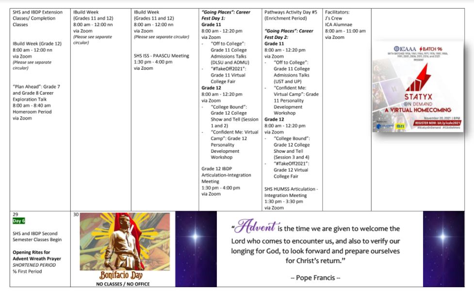 HS November Calendar 3 Immaculate Conception Academy HS November Calendar 3 Immaculate Conception Academy