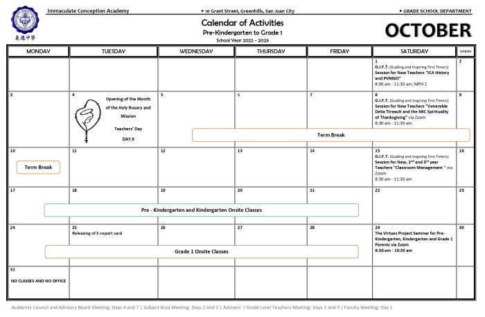 Pre-Kindergarten to Grade 1 October Calendar of Activities - Immaculate ...