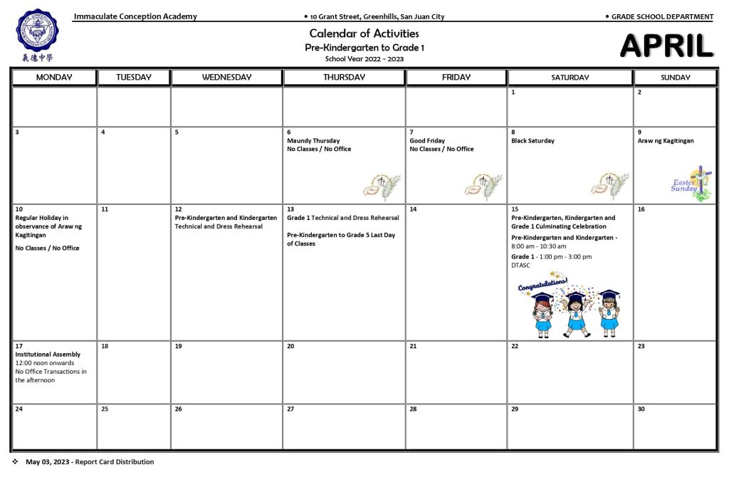 Pre-Kindergarten to Grade 1 Calendar of Activities for April 2023 ...