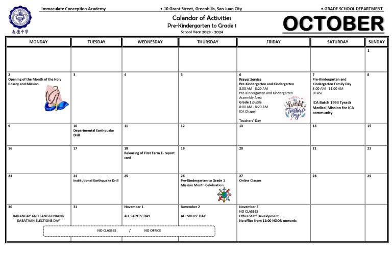 October Calendar of Activities for Pre-Kindergarten to Grade 1 ...
