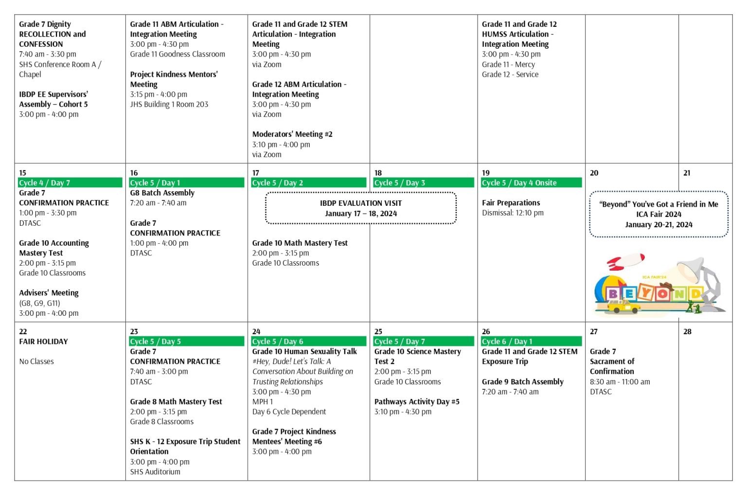 Hs Jan High School January Calendar of Activities - Immaculate Conception Academy